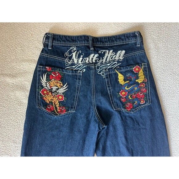 Denim - Ninth Hall Idle Rinse Straight Leg Dark Wash Jeans Embroidered Tiger Patch 6